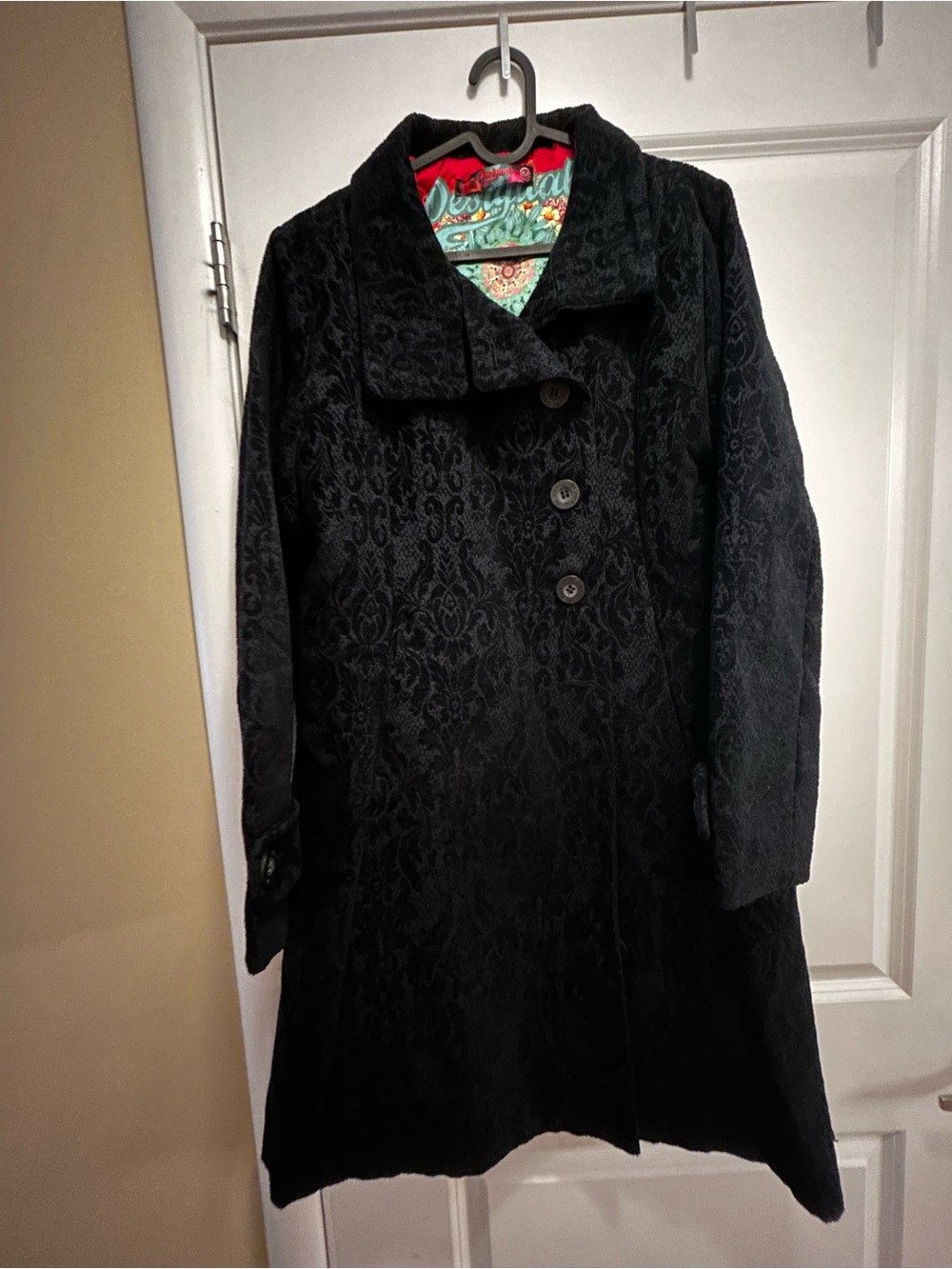 Vintage Desigual Black Textured Button-Up Trench Coat with Colorful Lining